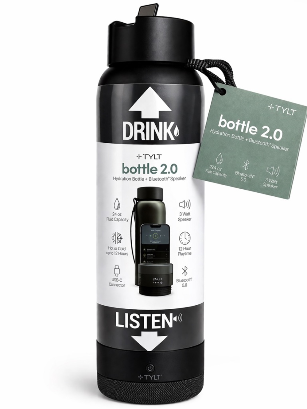 TYLT Bottle 2.0 Bluetooth Speaker Water Bottle 24oz NWT Black Insulated USB-C